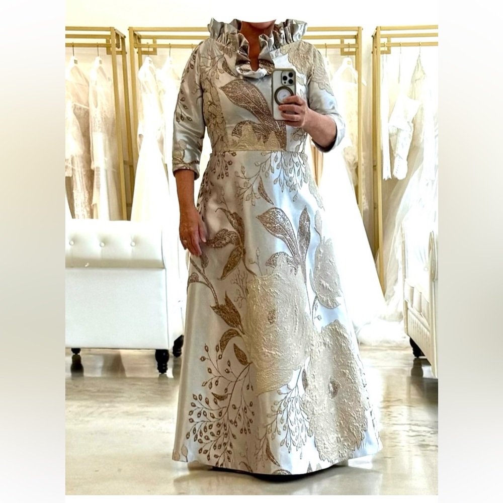 Teri Jon METALLIC JACQUARD A-LINE EVENING GOWN with customized ruffle collar.